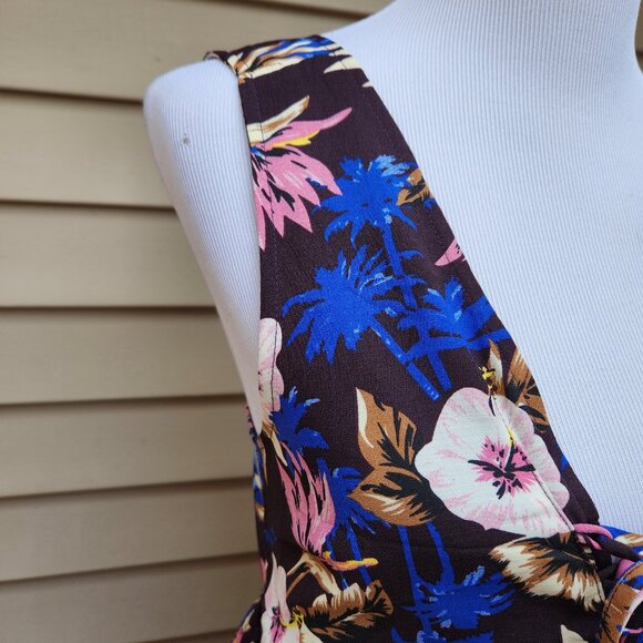 Everly Dark Purple Midi Dress Multicolor Floral Print Open-Back Lace-Up Neck - Picture 5 of 13